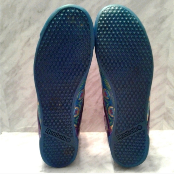 Reebok Classic Purple Metallic Velour mythology Peacock Print womens 12 men 10.5 - Picture 7 of 7